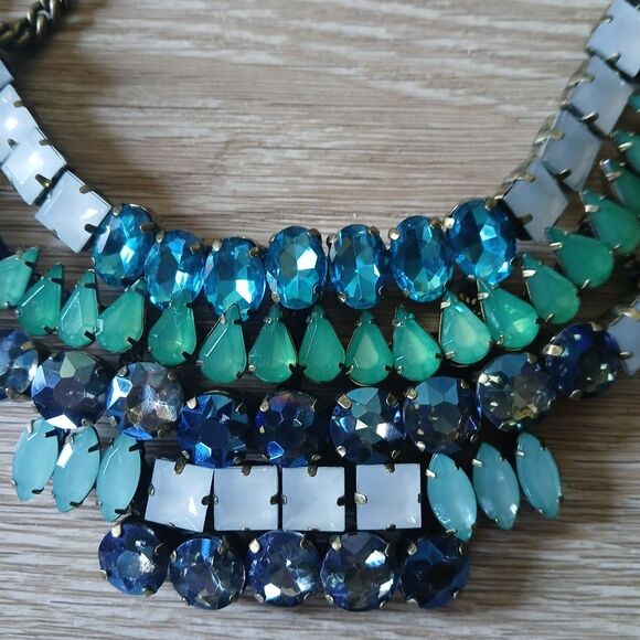 BR Banana Republic Statement Necklace Bib Mosiac Blue Rhinestone Charm - Picture 5 of 9